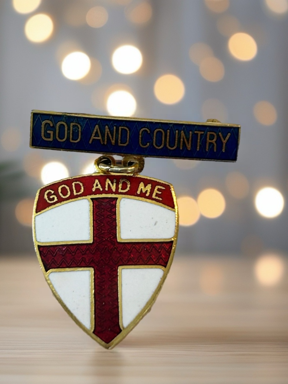 Vintage God and Country/ God and Me Episcopal Enamel Shield Pin